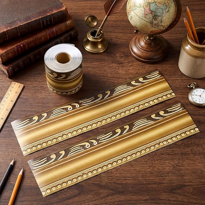 Outus 68FT Gold Frame Bulletin Board Border Die-Cut Straight Border Trim for Classroom Chalkboard, Picture Frames, Artworks, Walls, Mirrors & Office Decor, Classic Metallic Frame Molding(Typical)