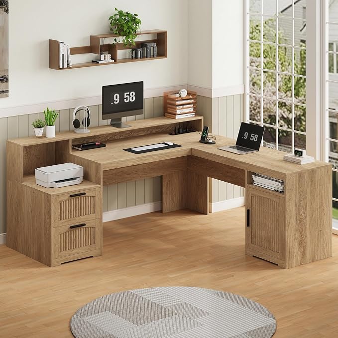 63" Fluted L Shaped Desk with Drawers & Printer Shelf for Home Office | Corner Computer Desk with Storage, Power Outlets, L Shaped Office Desk with Monitor Stand, Printer Shelf, Oak