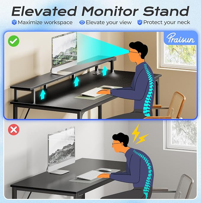 48 inch Gaming Desk, LED & Power Outlets, Monitor Stand, Black | Sturdy PC Desk for Home Office, Study & Work, LED Lights, 4 AC Outlets & USB-C Charging Station