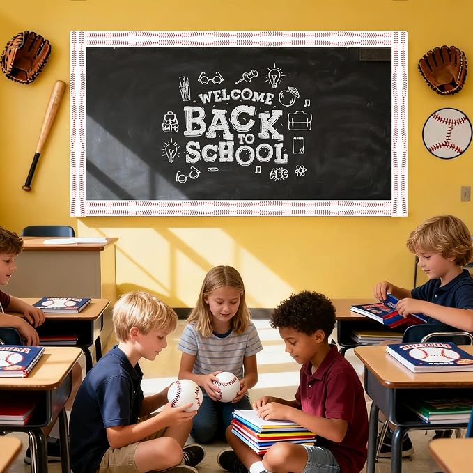 BeYumi Baseball Sport Border Trim - 65ft Back to School Baseball Patterned Straight Rolled Border Trim Red White Ball Sport Theme Bulletin Board Set Party School Classroom Chalkboard Wall Decoration