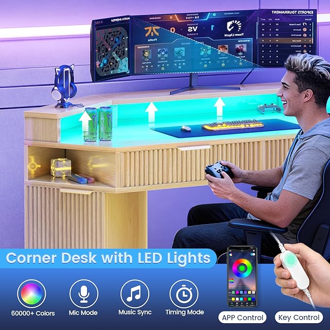 SEDETA Computer Desk with 2 Drawers, Small Diamond Office Desk with Storage Cabinet for Small Space, Gaming Desk with LED Lights & Power Strip for Home Office, Oak