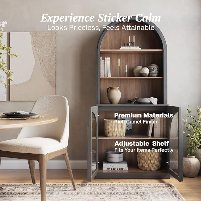 BELLEZE Arched Bookshelf with Glass Doors, 71" Tall Wood Display Cabinet with Adjustable Shelf and Hutch, 5 Tier Modern Bookcase Shelf with Storage for Living Room Office, Ebony