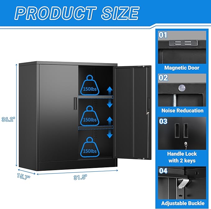 BESFUR Metal Storage Cabinet with Lock and 2 Adjustable Shelves, 36" H Locking Storage Cabinet for Home, Office, Garage, Utility Room and Basement(Black)