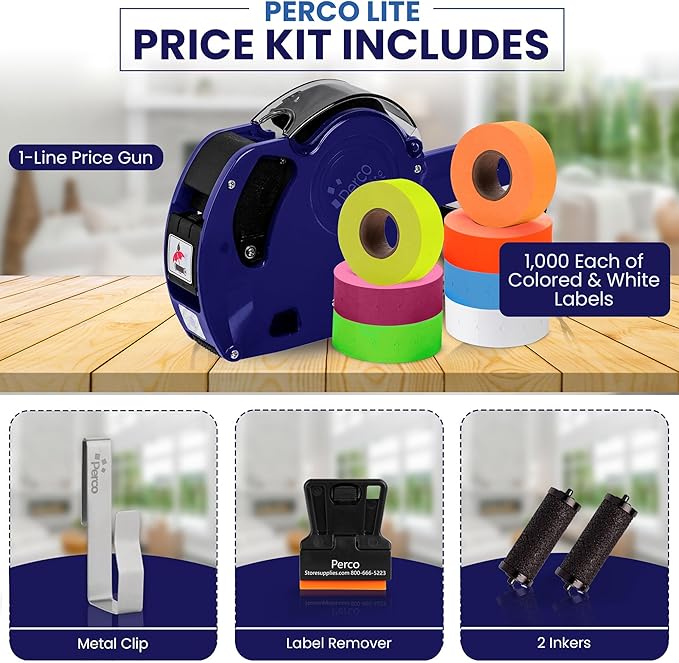 Perco Lite 1 Line Price Gun with Labels Kit - Includes 1 White Roll, 6 Multicolored Rolls, 2 Ink Rollers, 1 Ink roll and Labels Pre-Loaded