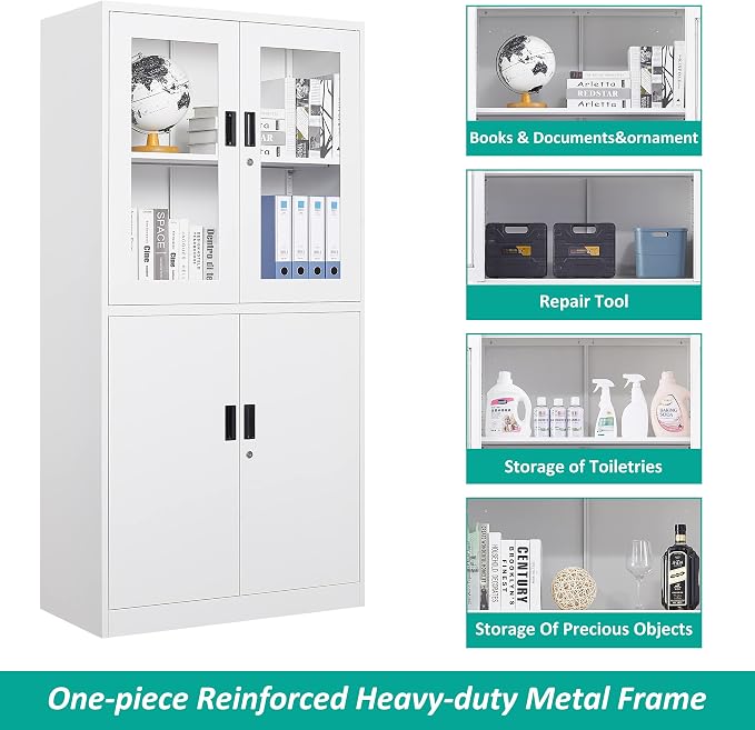 Storage Cabinet with Glass Doors and Shelves, Freestanding Kitchen Pantry Cabinet for Home, Office, Bathroom