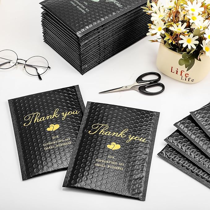 Kosiz 100 Pcs Bubble Mailers Thank You Padded Shipping Envelopes Poly Waterproof Mailing Envelopes Self Adhesive Bags for Small Business Clothing Boutique Jewelry Package(Black,6"x8")