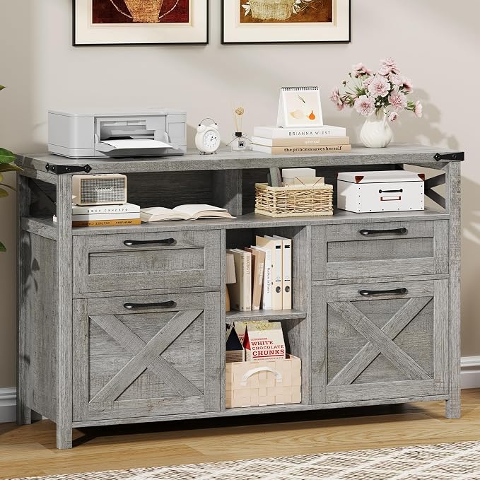 Halitaa File Cabinet with Open Storage Shelf for Home Office, Gray | Farmhouse, Lateral Filing Organization Storage Cabinets, 4 Drawers, Adjustable Shelf, Hanging Files Letter/A4