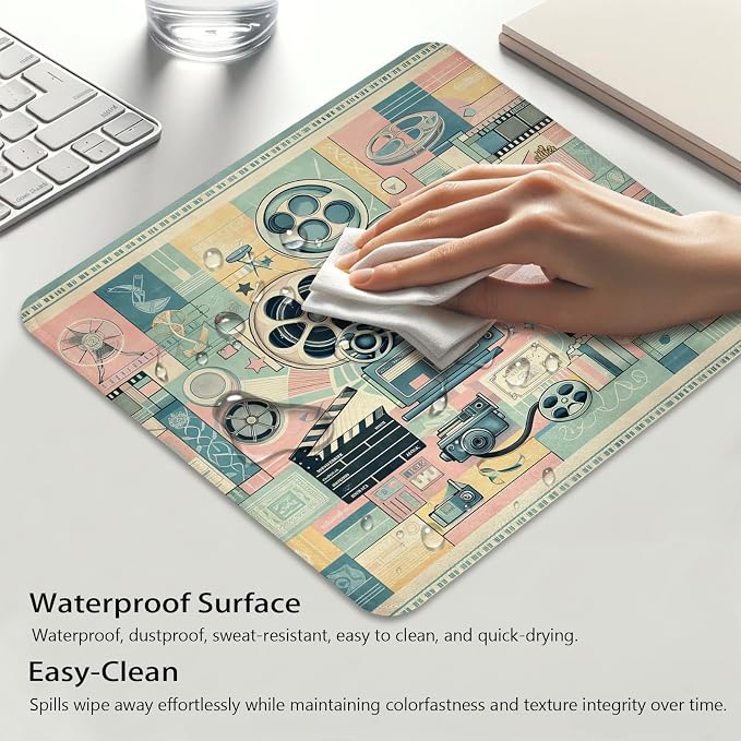 Retro Camera Movie Wheels and Clapperboard Mouse Pad, Durable Desk Mat | Cinema Lover Cinephile Artwork Design, Cute Mousepad Stitched, Anti-Slip Base Smooth Surface, 9.5 x 7.9 Inches