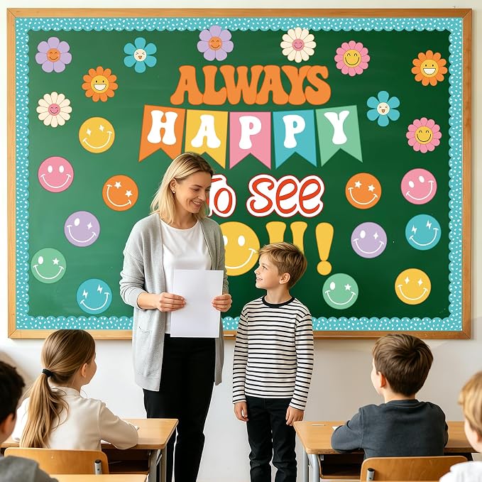 54Pcs Smile Face Bulletin Board Decorations Set, Always Happy to See You Bulletin Board, Colourful Happy Face Paper Cutouts for Back to School Classroom Teacher Supplies Office Door Wall Decor