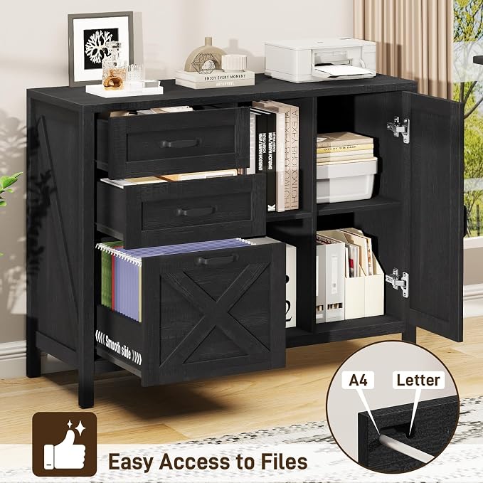Befrases Farmhouse Lateral Filing Cabinet, Lateral File Cabinet with 3 Drawers and Cabinet, Large Printer Stand with File Drawer for Letter/A4 Size Hanging Files for Home Office, Rustic Black
