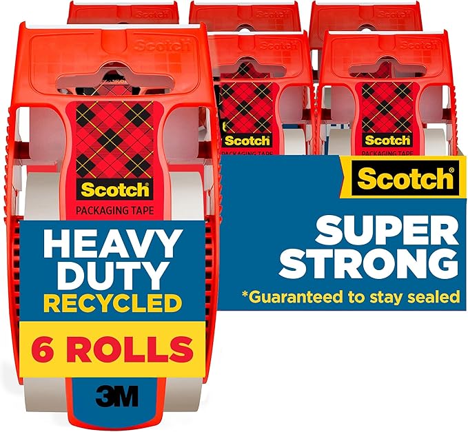 Scotch Heavy Duty Recycled Packaging Tape, Shipping and Packing Tape, 1.88 in x 800 in, 6 Rolls with Dispensers, Red
