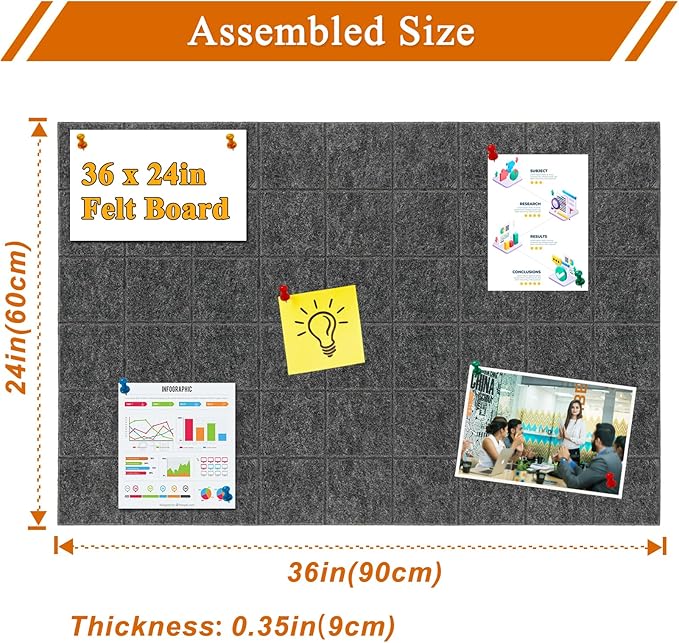 Large Square Felt Cork Board Tiles, Self Adhesive DIY Felt Bulletin Board Pin Board with 35 Pushpins for Office School Home Wall Decor Stickers Memos Photos Display (Deep Grey)