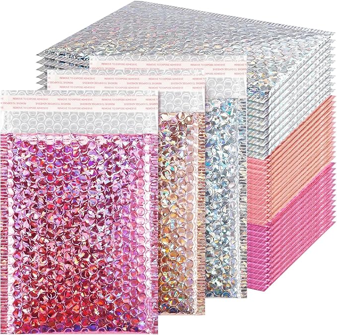 60 Pcs Holographic Bubble Mailers,6 x 9 Inch Metallic Bubble Mailers,Waterproof Shipping Bags,Poly Padded Envelopes,Self Sealing Cushion Envelopes for Mailing,Packing,Small Business (Multicolor-A)