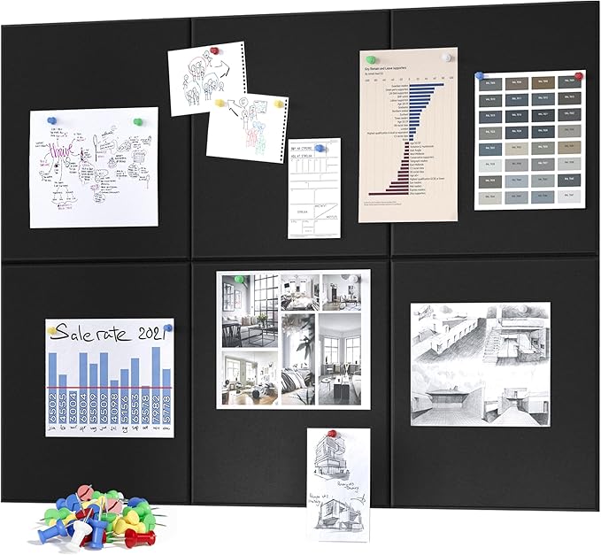 Large Cork Board for Wall, Black Felt Bulletin Board with Pushpins, 36" x 24" 6 Panels Wall Tiles, Tack Push Pin Boards for Office