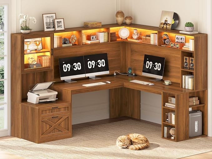 SEDETA Farmhouse L Shaped Office Desk with Double Hutch, Storage Shelves | Computer Desk with Storage Shelves and Power Outlet, Corner Gaming Desk with LED Light and Display Cabinet for Home Office