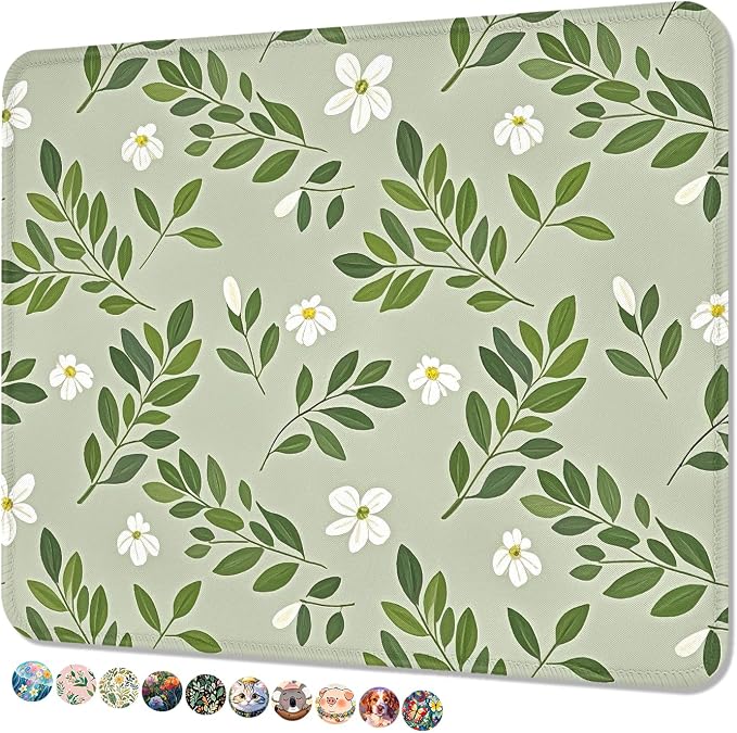 Mouse Pad, Cute Mouse Mat, 10" x 8", Green Flower | Square Waterproof Gaming Computer Mat, Textured Top, Stitched Edges, Non-Slip Rubber Base for Office Home Laptop Keyboard