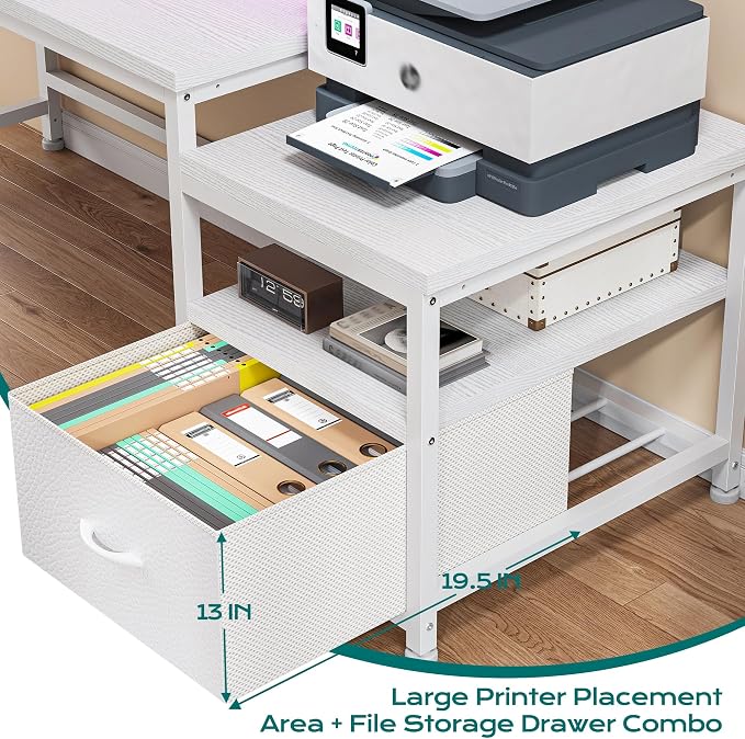 EnHomee 56.5" Office Desk with Drawers & Printer Space for Home Work,White | Computer Desk with 3 AC Outlets& 2 USB Ports,Waterproof LED Strip Lights,Monitor Stand & Side Pockets,Home Office,Bedroom