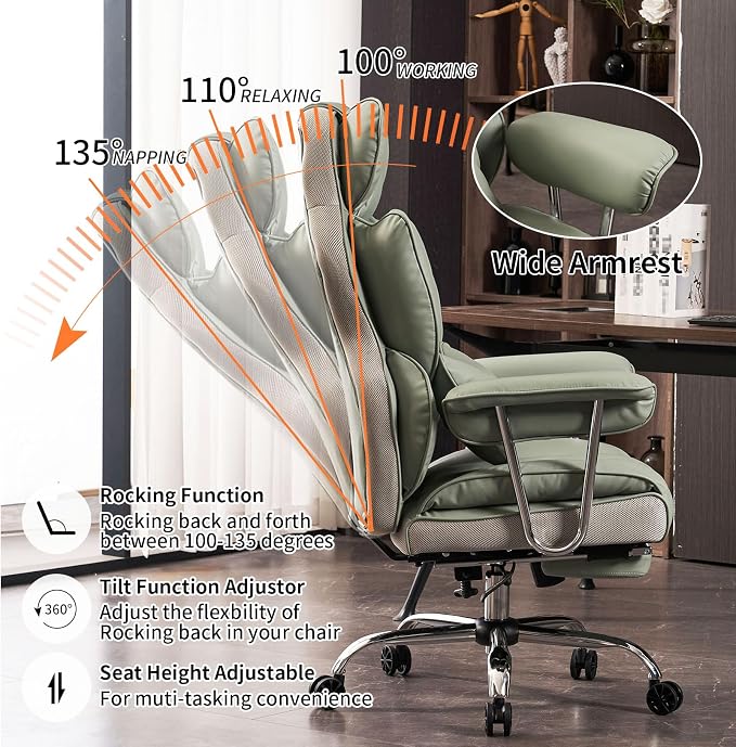 Efomao Big and Tall Office Chair 400lbs - Executive Office Chairs with Footrest, Heavy-Duty PU Leather Computer Chair for Heavy People, Light Green Home Office Desk Chairs | 400lbs support, 135° recline, dual-layer foam cushion, 23.5" seat & footrest. ...