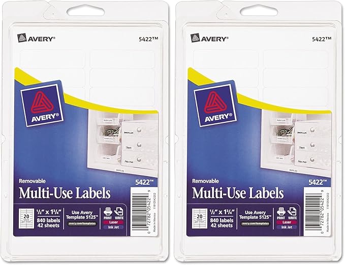 Avery Self-Adhesive Removable Labels, 0.5 x 1.75 Inches, White, 840 per Pack (05422)- Pack of 2