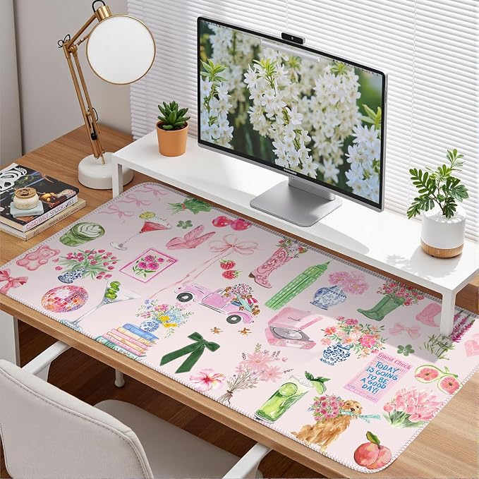Pink Pastel Floral Desk Mat Cute Kawaii Retro Vintage XXL Large Mouse Pad Flower Desk Pad Mat Laptop Computer Keyboard and Mouse Mat Aesthetic Office Decor for Women Girl Teacher