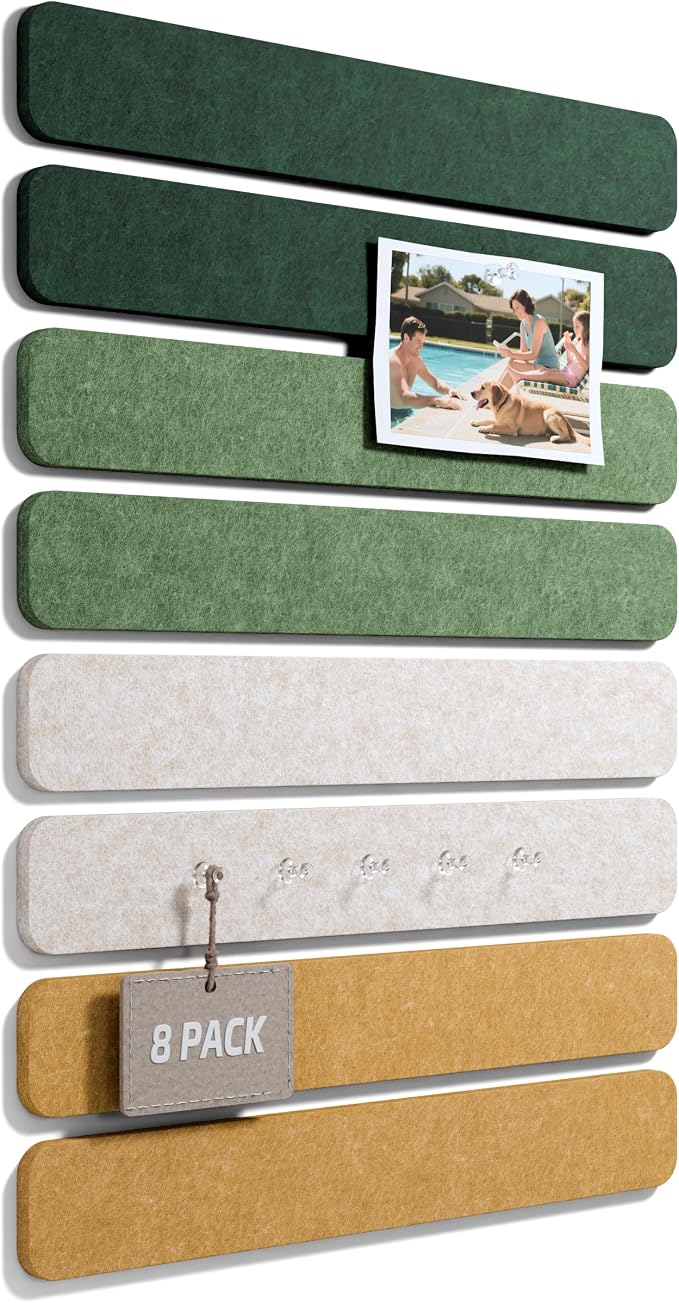 Fluxynara 13" x 2" Felt Wall Panels, Moss Glimmer | 8-Pack Includes 50 Push Pins and Adhesive Tabs for Photos, Notes and Decor in Bedroom Doors, Home Office or Studios
