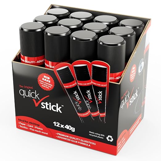 Glue Sticks Original Glue Sticks, Quality Adhesive Gluestick, Ideal Strong-Hold for Paper, Card, Textiles, Crafting Glue, Scrapbooking, Office & School Supplies (40g - Pack of 12)