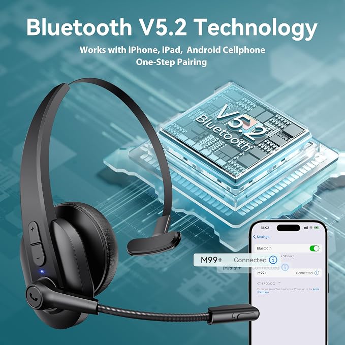 Sarevile Bluetooth Headset with USB Dongle for Computer, Single-Ear Wireless Headset with Noise Cancelling Microphone for Office & Truckers, Bluetooth V5.2 with Mute Button for Work
