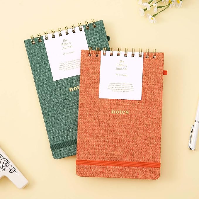 TSFPapier A5 Top Spiral Notebook, Fabric Hardcover College Ruled Journal | 100GSM Paper 160 Lined Pages, 5.7"x8.39" Steno Pads with Elastic Band & Pen Loop, for Work, School Note Taking (Pine Green)