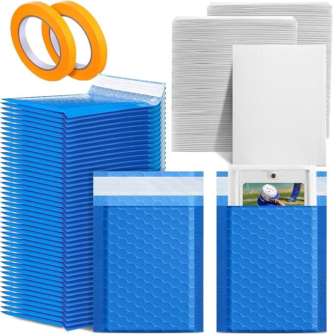 302 Pcs Trading Card Shipping Protector Set Include 200 Precut Plastic Inserts Card Mailers 100 Poly Bubble Mailers Padded Envelopes and 2 Masking Tape(Blue,5.1 x 5.9 Inch)