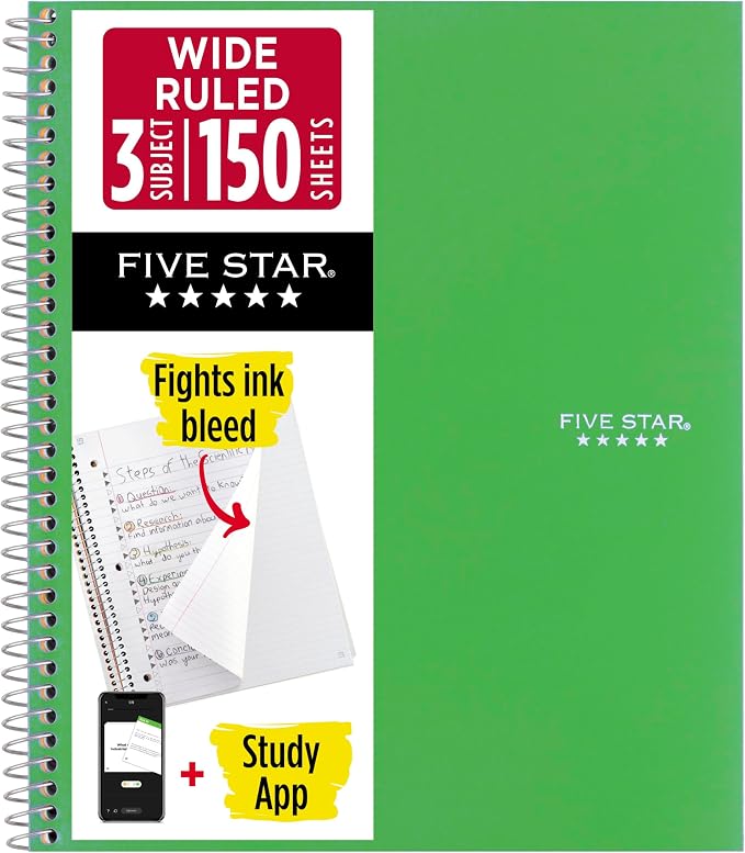 Five Star Spiral Notebook + Study App, 3 Subject, Wide Ruled Paper, 8" x 10-1/2", 150 Sheets, Fights Ink Bleed, Water Resistant Cover, Forest Green (73176)