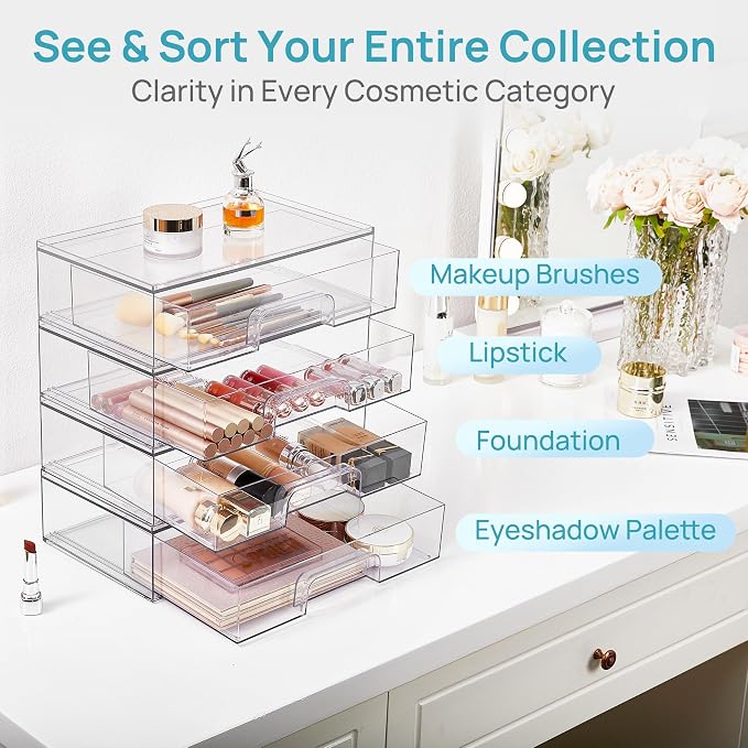 Vtopmart Clear Stackable Storage Drawers, 2 Pack Wide Plastic Organizers | Clear Pull-Out Plastic Drawers, Stackable Design for Makeup Palettes, Cosmetics, Beauty Supplies, Vanity, Cabinet and Desk