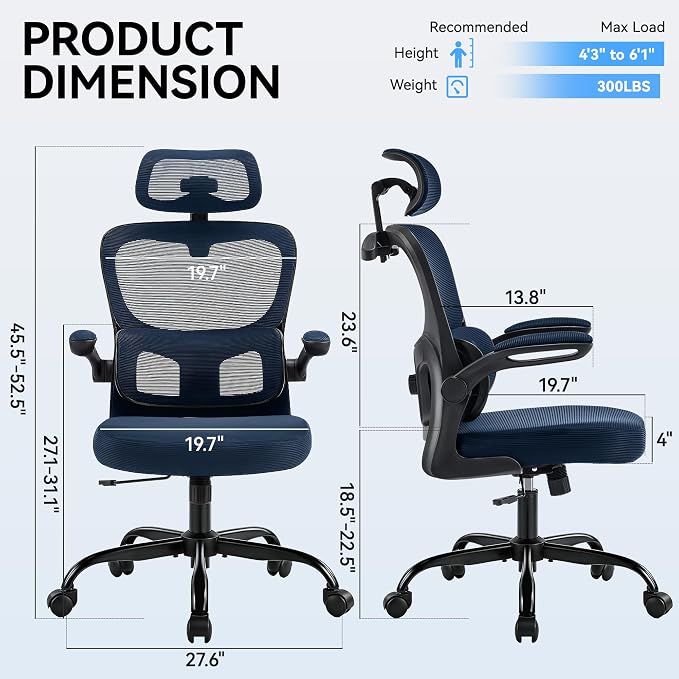 Office Chair Ergonomic Desk Chairs with Adjustable Lumbar Support& Headrest Hanger, High Back Breathable Mesh Chair with Wheels, Rolling Swivel Comfy Task Computer Chair for Home Work Gaming