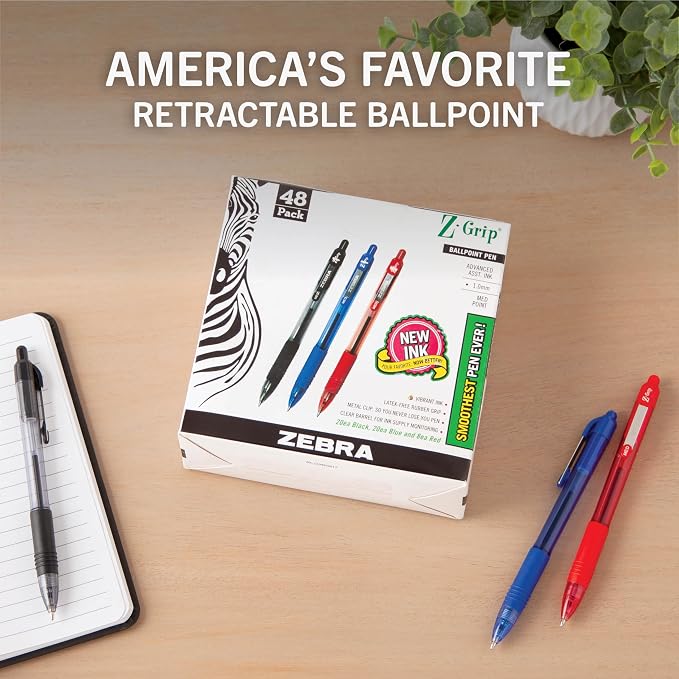 Zebra Pen Z-Grip Retractable Ballpoint Pen, Smooth-Flowing Black/Blue/Red Ink, 1.0mm Medium Point, School & Office Supplies, Ideal for Note-Taking, Journal and Planner Use, 288-Pack (22048)