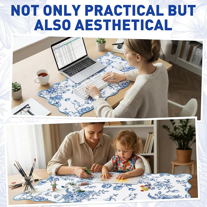 Kingdder Scalloped Floral Desk Mat Large Chinoiserie Mouse Pad Blue White Floral Desk Pad 31.5" x 15.7" Aesthetic Girly Vintage Keyboard Computer Laptop Mat for Dorm Home Office Gaming Decor