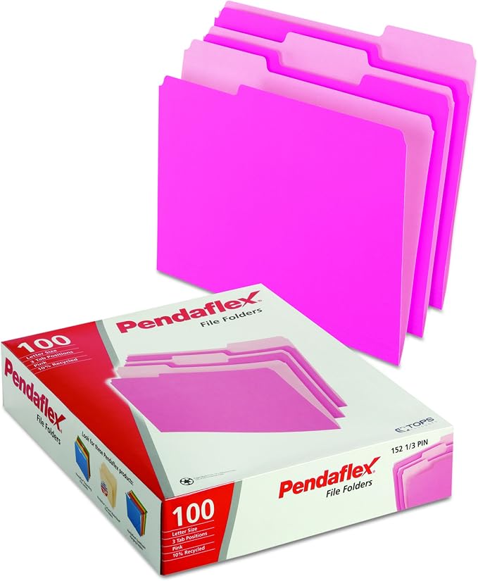 Pendaflex Two-Tone Color File Folders, Letter Size, 1/3 Cut, Pink, 100 Per Box (152 1/3 PIN)(Pack of 5)
