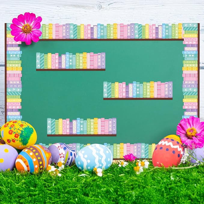 BeYumi Pastel Bookshelf Border Trim - 65ft Back to School Colorful Pastel Books Rolled Border Trim Floral Bunny Bookshelf Bulletin Board Library Classroom Office Chalkboard Home Wall Party Decoration