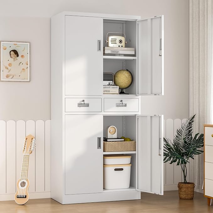 Wanfu Metal Storage Cabinet, Locking Storage Cabinet with Adjustable Shelves and 2 Drawers, 16" D x 32" W x 71" H Steel Cabinets for Office, Garage, Home, Classroom, Utility Room(White)