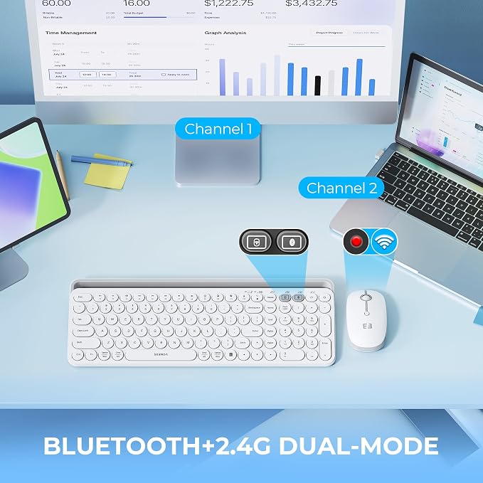 seenda CTU-301 Bluetooth Keyboard and Mouse Combo for iPad,White | Bluetooth+2.4G combo with tablet holder, full-size keys and quiet clicks for iPad, iPhone, Mac, Windows and Android.