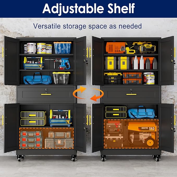 erosoei 75" H Metal Garage Storage Cabinet, Rolling Tool Cabinet with 2 Doors and Wheels, Locker Steel Cabinet with 4 Adjustable Shelves and Drawer, Organization Cabinet for Garage,Office,Gym