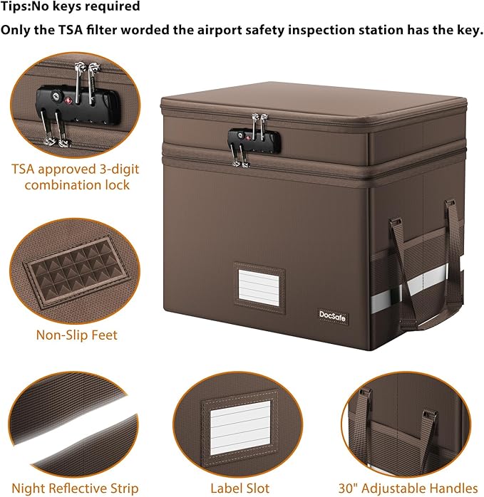 DocSafe File Box with Lock,Multi-Layer Fireproof Document Box Collapsible File Storage Organizer with Pockets/Handle,Large Portable Home Office Filing Box for Hanging Letter/Legal Size Folders,Brown