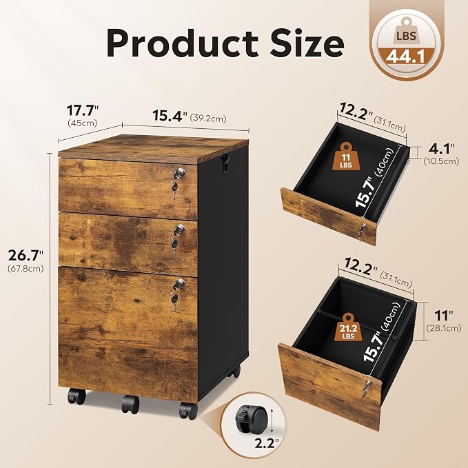 DEVAISE 3 Drawer File Cabinet with Individual Locks, Rustic Brown | Wood Filing Cabinet for Home Office, Mobile Printer Stand with Wheels, Under Desk Storage for Letter/A4/Legal Size