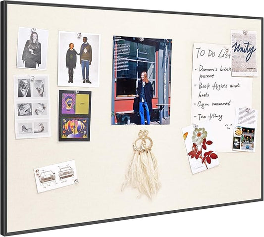 Bulletin Board 30 x 20 inches, Oatmeal White Pin Board Vision Board, Black Aluminum Framed Fabric Cork Board with 10 Push Pins, Black Framed