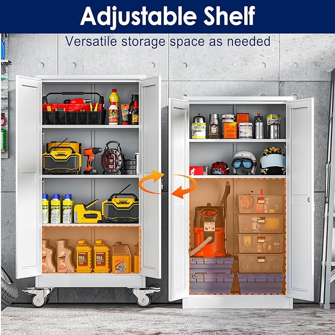erosoei 61" H Metal Garage Storage Cabinet, Rolling Tool Cabinet with 2 Doors and Wheels, Locker Steel Cabinet with 3 Adjustable Shelves, Organization Cabinet for Garage,Office,Home,Gym,School（White）