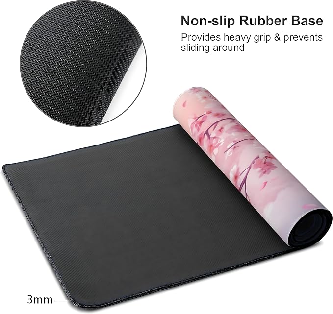 Cute Floral Aesthetic Cherry Gaming Mouse Pad, Pink Dreamy Desk Mat with Anti-Slip Base & Stitched Edges, Office & Home Desk Decor for Women, 35.4" x 15.7" in Computer Desktop Mat