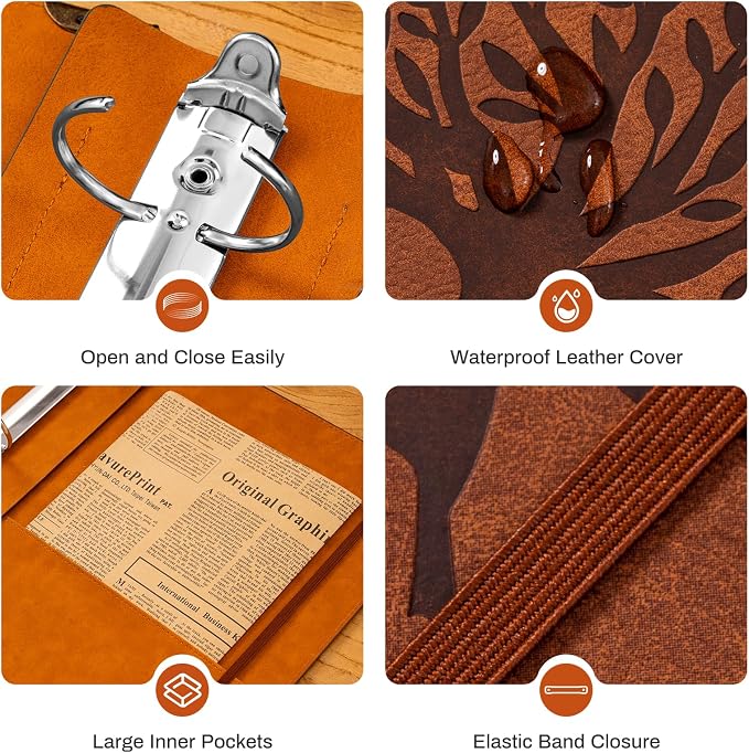 Ovesmusl PU Leather Mini 3 Ring Binder Fits 5.5" X 8.5" A5 Paper, 1 Inch Round Ring Binder Holds 200 Sheets, Notepad Paper Cover Loose Leaf Organizer, Green Tree of Life