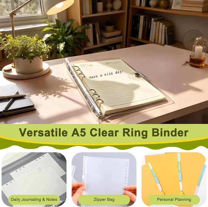 Mziart Clear A5 Binder 6 Ring, Refillable Notebook Planner Cover, 3 Pack | Soft Transparent PVC, for Budget, Photocard, Office Journal, Travel Diary, Recipe Book, School, Meeting, Snap Button Closure