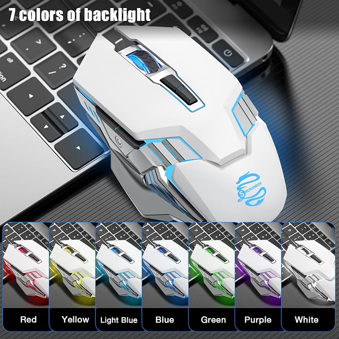 3-Mode RGB Silent Rechargeable Wireless Gaming Mouse White | BT5.0/BT3.0+2.4G connection, RGB backlight & quiet click, for gaming office, compatible with Laptop, PC, Mac, iPad & Tablet