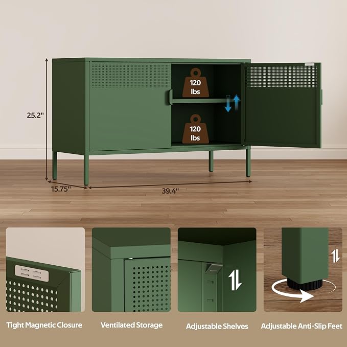 Metal Storage Cabinet with 2 Doors & Adjustable Shelves, Green | 25"H Accent Cabinet, Metal Locker Storage Cabinets, TV Stand Cabinet for Home, Office, Living Room, Entryway