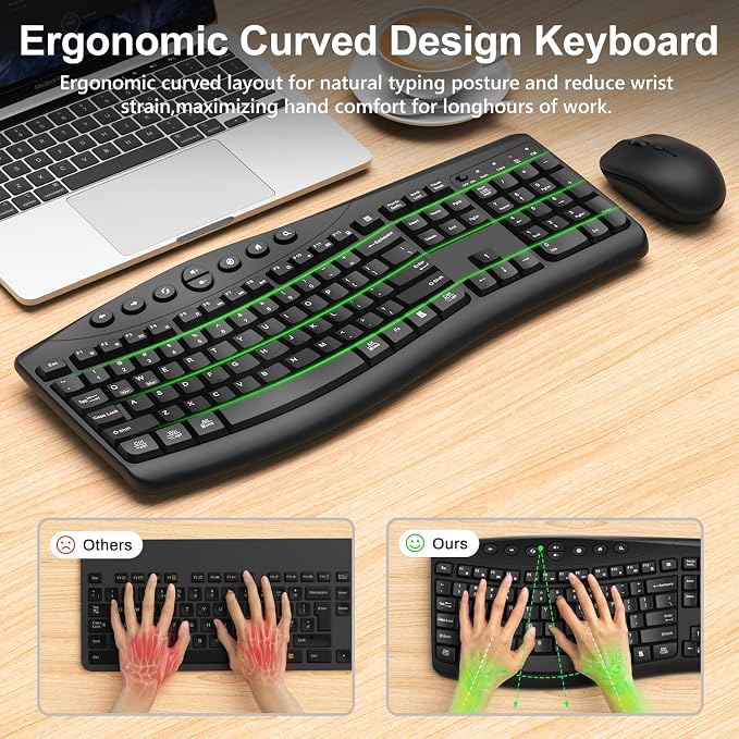 Wireless Keyboard and Mouse Combo, 2.4G Quiet Ergonomic Curved Keys (Black)