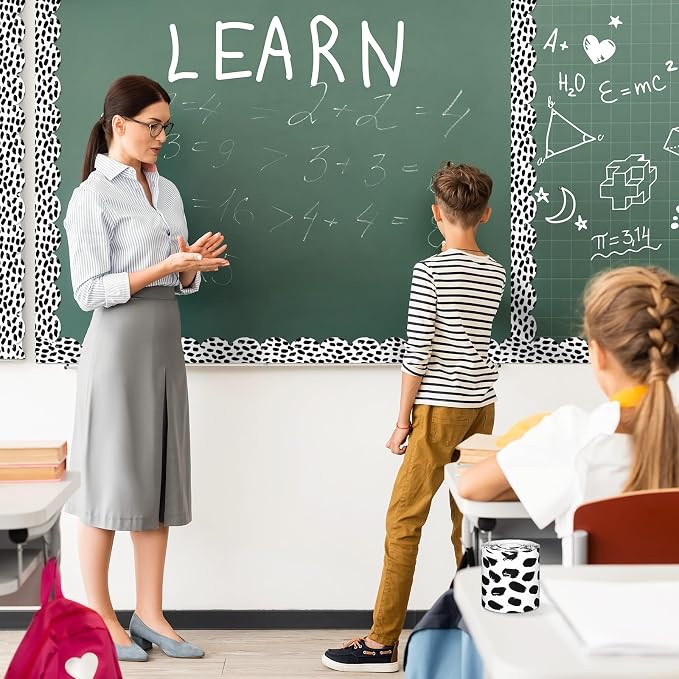 Zonon 65 Feet Bulletin Board Borders, Scalloped Black White Dots Classroom | White with Black Dots Pattern, Scalloped Edge Trim, Perfect for Classroom Bulletin Board Displays, Back to School Decoration